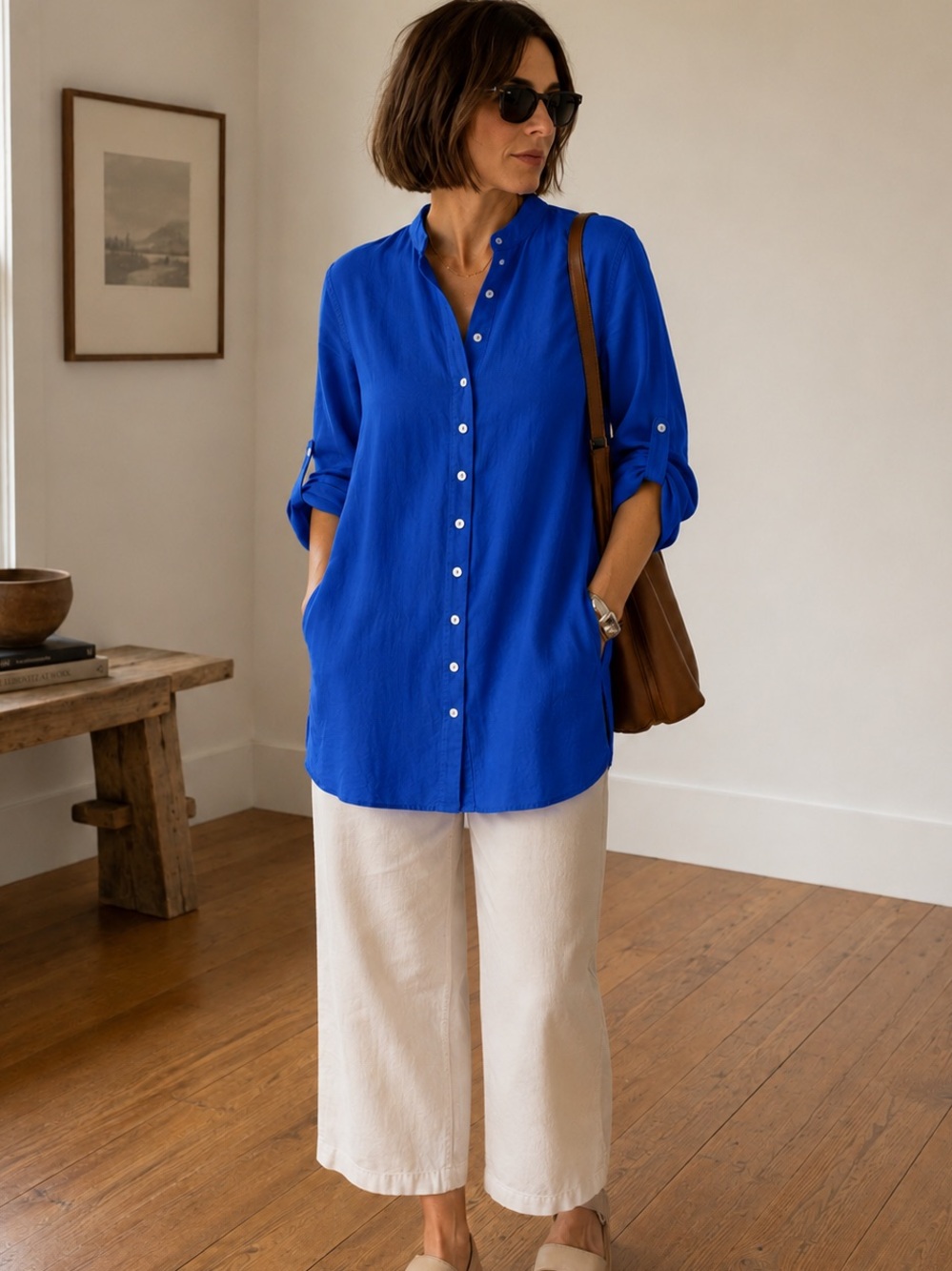 Fridaze 100% Linen Tunic Roll Tab Sleeve Minimalist Lagenlook Top